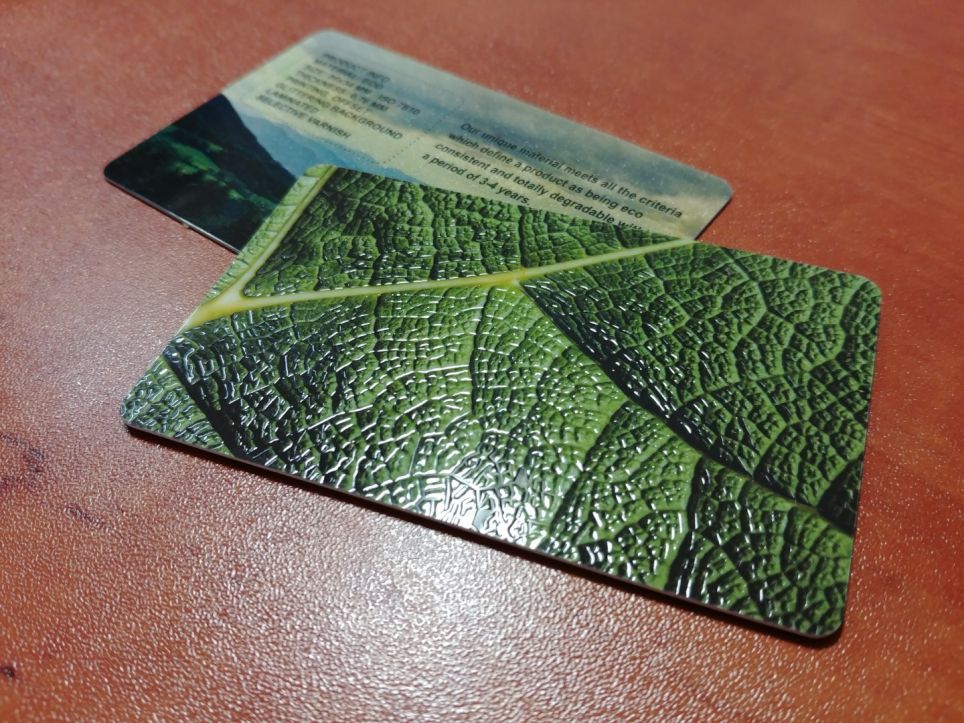 Spot varnish on a eco friendly plastic card